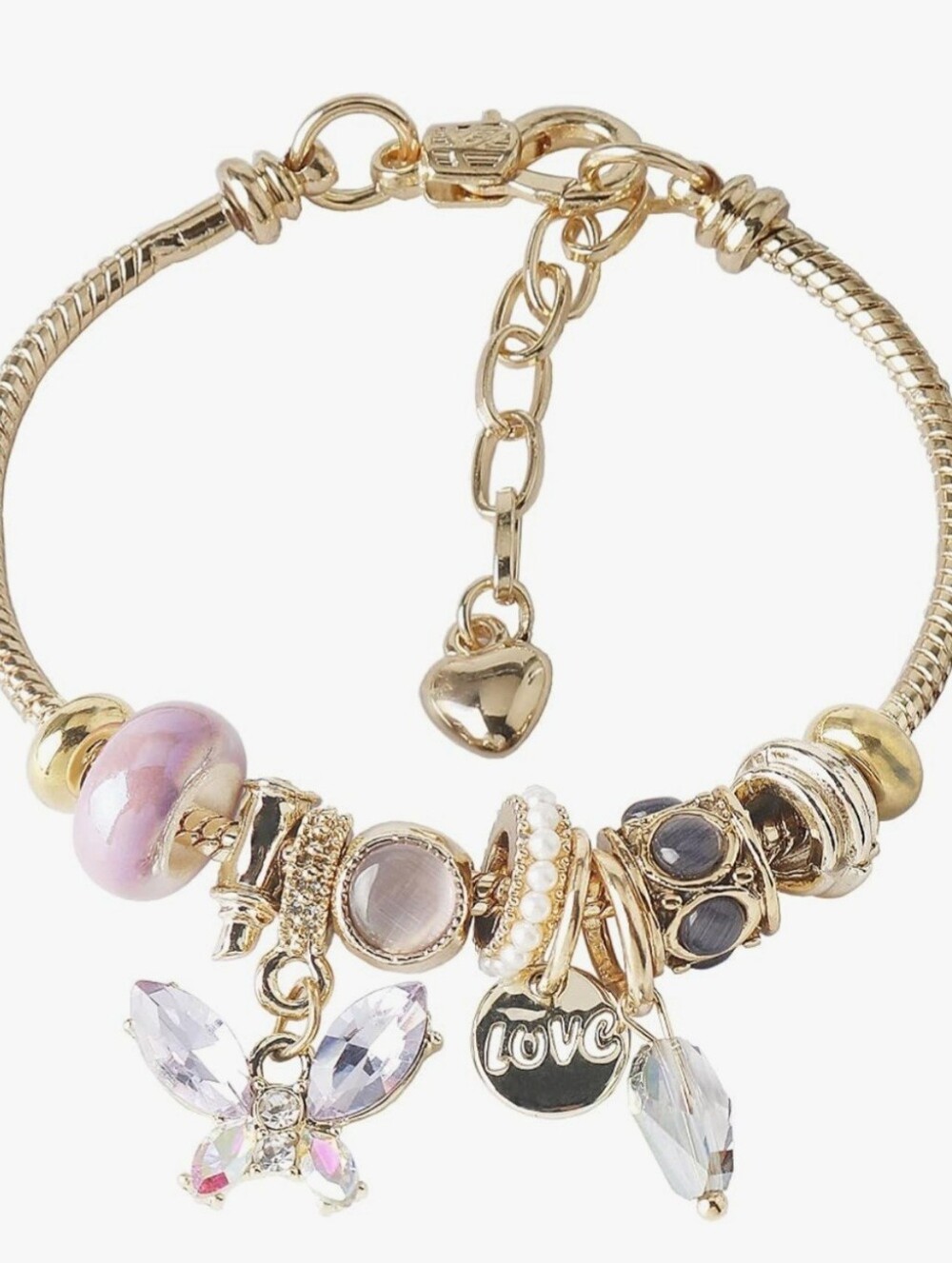 Gold-Tone Charm Bracelet with Pink Beads and Crystal Butterfly